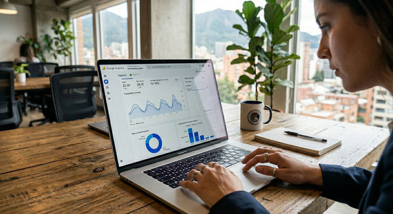 mujer en computador analiticas